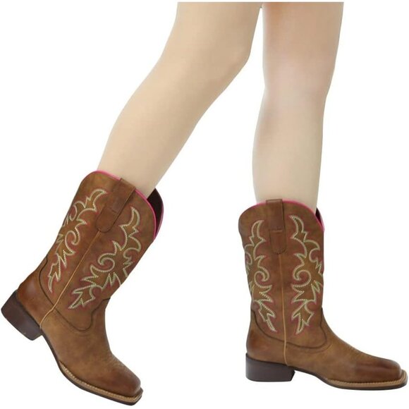 J's.o.l.e Women Brown Cowboy Boot Square Toe Western Cowgirl Fashion Botte - Picture 5 of 8